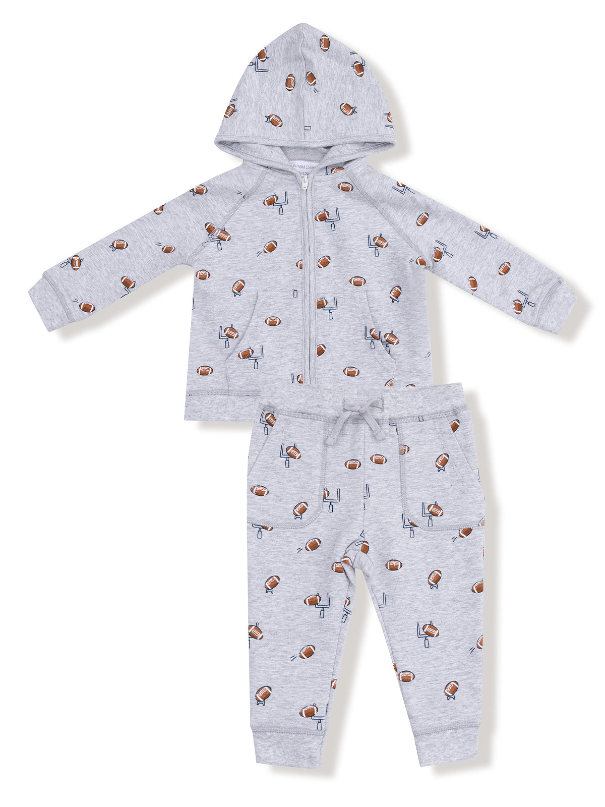 Gray hoodie and pants set with football print, perfect for kids' casual wear. Soft and comfortable fabric.