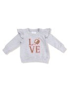 Gray sweatshirt with ruffle sleeves featuring "LOVE" and a football design. Perfect for cozy, stylish outfits.