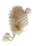 Knitted beige hat with a fluffy pom-pom and tassels, perfect for winter wear.