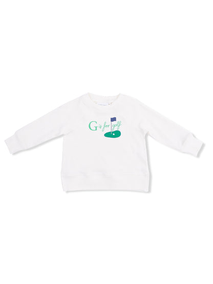 White sweatshirt featuring "G is for golf" design with a golf flag and hole.