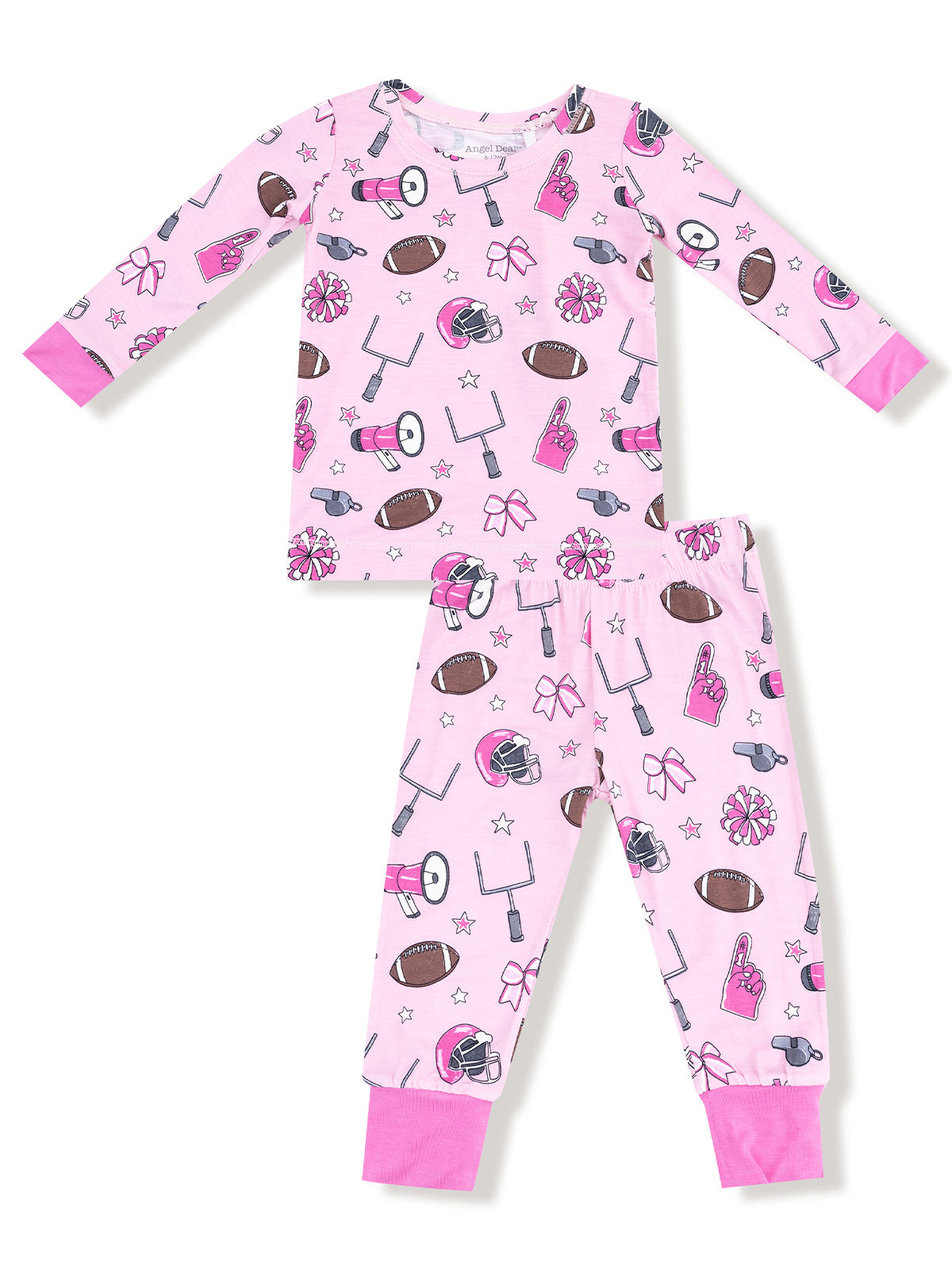 Pink girls' pajama set featuring football, cheerleading, and sports-themed patterns. Long sleeve top and pants.