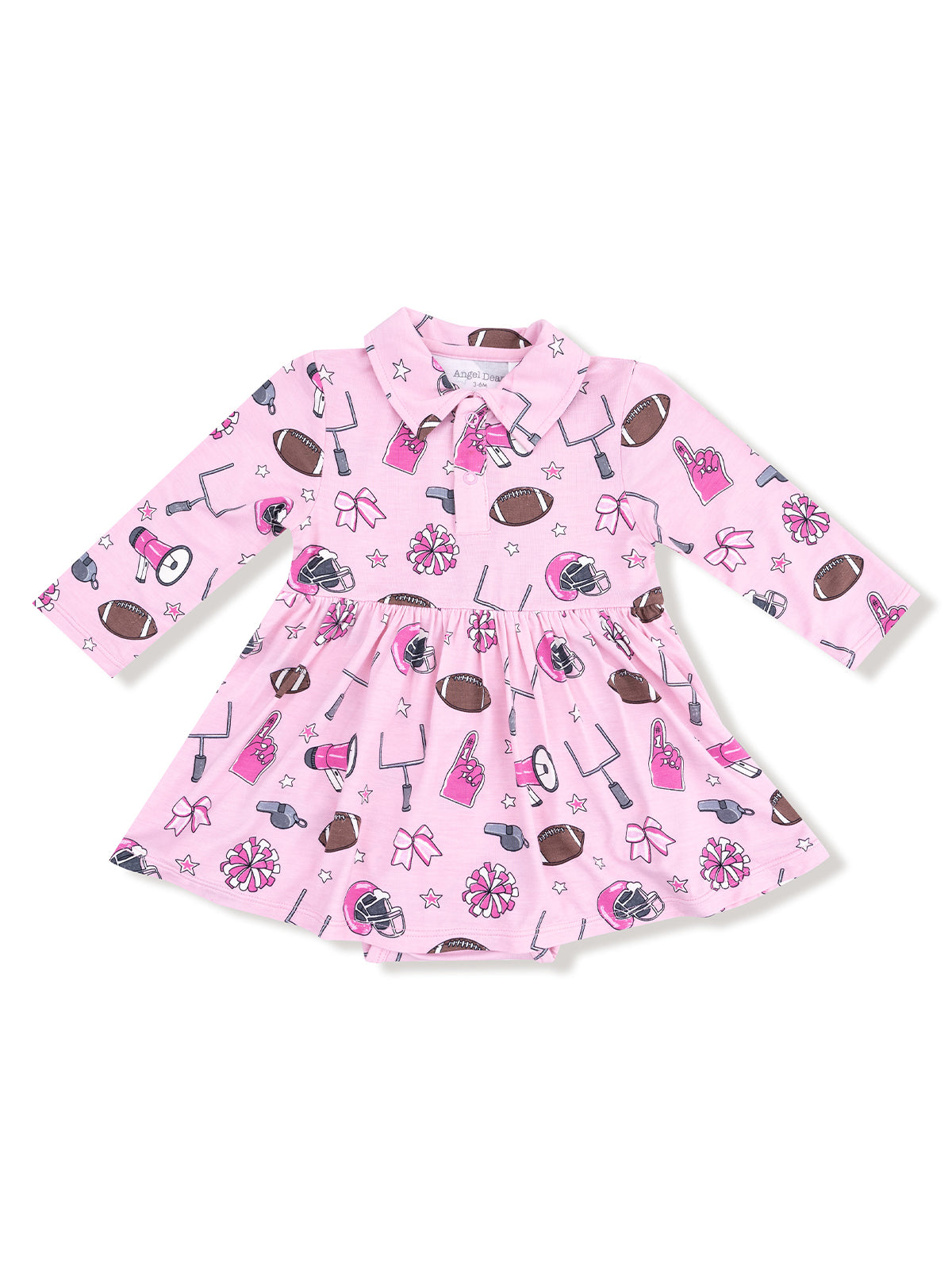 Pink dress with sports patterns, including footballs, pom-poms, and bows, ideal for young girls.