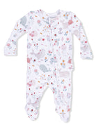 Baby onesie with colorful marine animal prints and floral designs, featuring a front zipper closure.