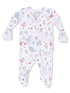 Baby onesie with colorful marine animal prints and floral designs, featuring a front zipper closure.