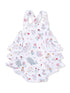 White one-piece swimsuit with ruffled sleeves and a colorful ocean-themed print featuring sea animals and flowers.