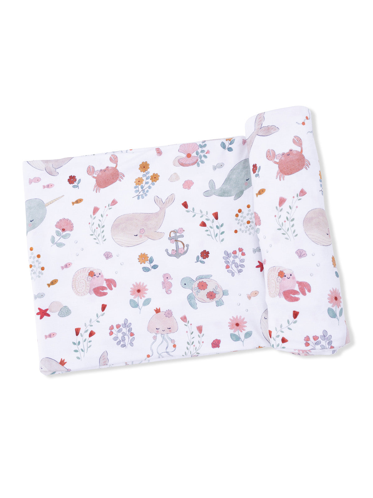 Colorful, patterned baby blanket featuring marine animals and flowers on a white background.