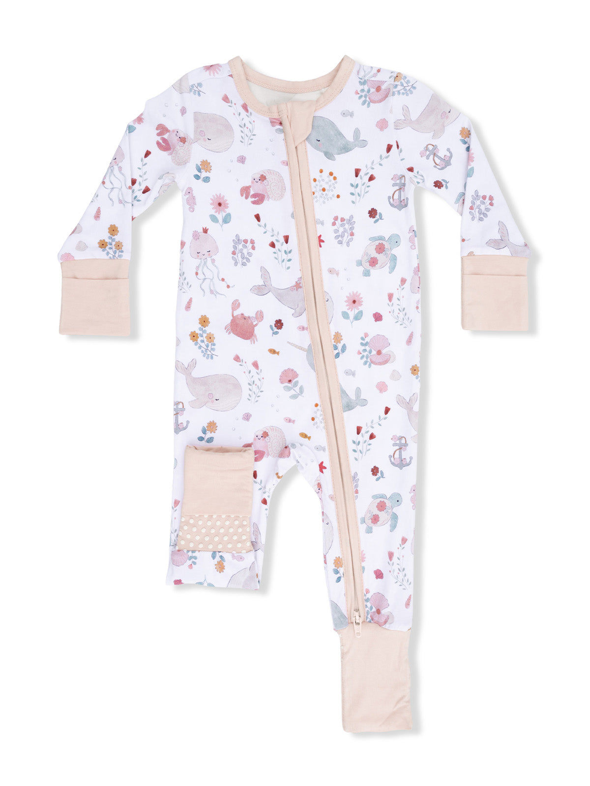 Children's zip-up pajama in pastel colors featuring playful animal and floral patterns. Ideal for comfort and style.