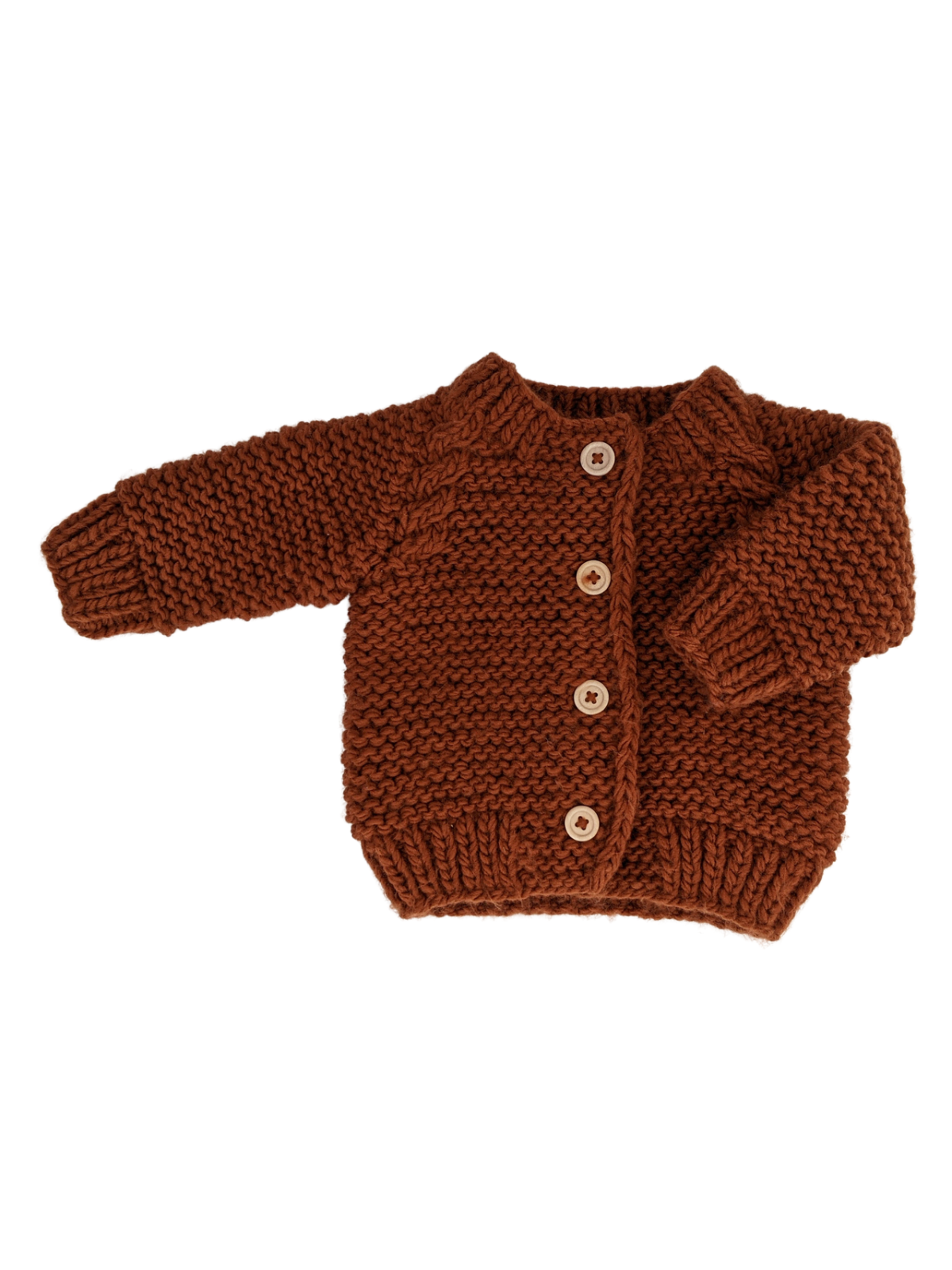 Knitted brown cardigan for infants with wooden buttons and ribbed cuffs, perfect for cozy layers.