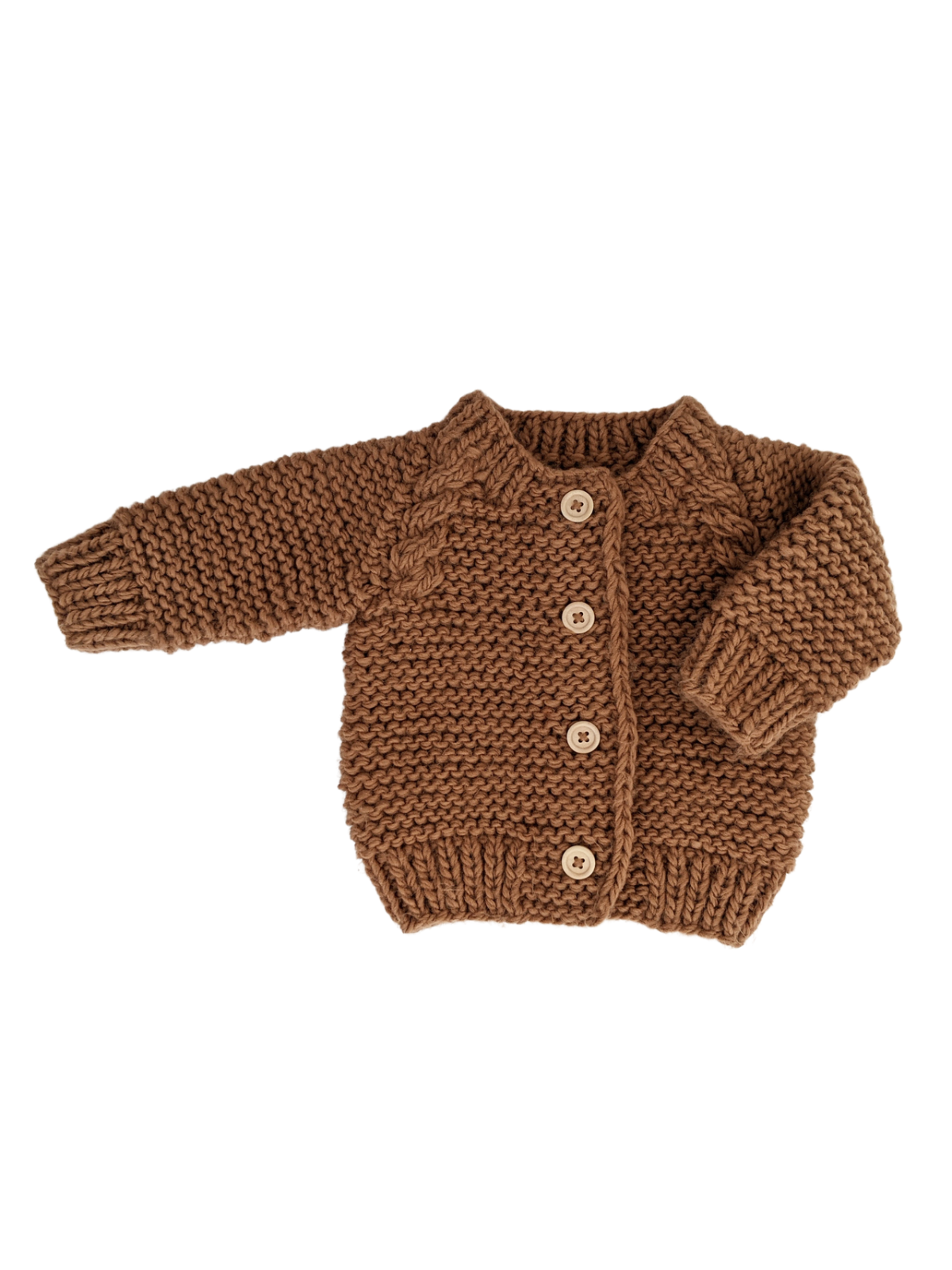 Brown knitted baby cardigan with four button closures and textured patterns on sleeves.