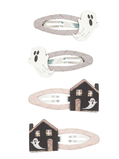 Set of four Halloween-themed hair clips featuring ghosts and a house design.