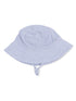 Light blue gingham bucket hat with a wide brim and chin strap. Ideal for sun protection and outdoor activities.