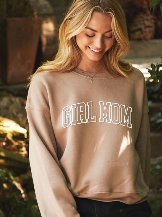 Girl Mom Puff Print Mid-Length Women's Sweatshirt, Tan
