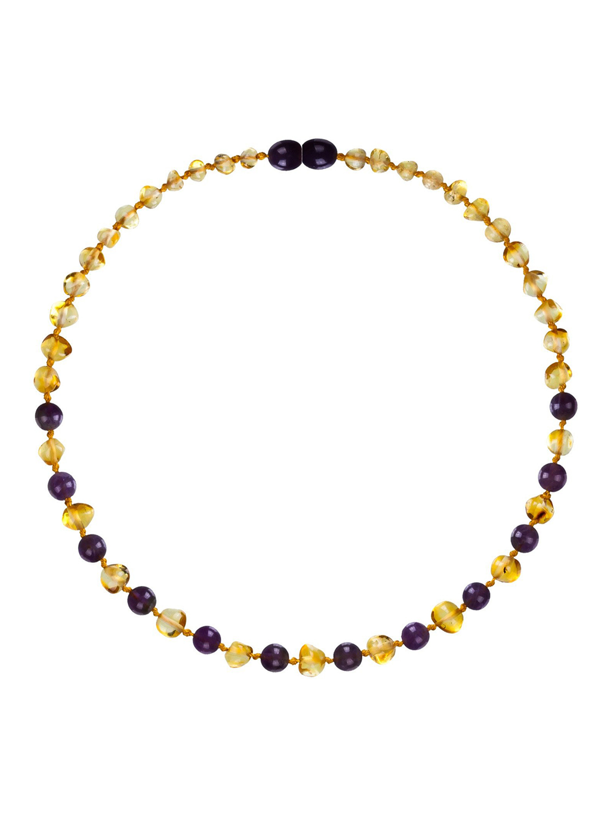 Multi-colored bead necklace featuring yellow and purple gemstones.
