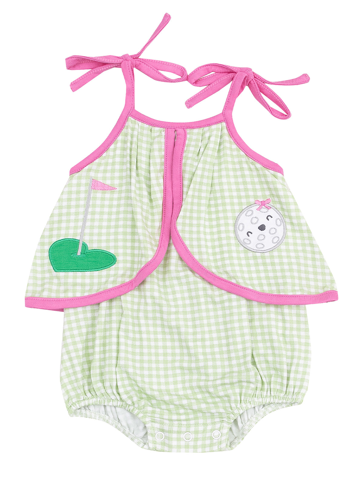 Green gingham baby romper with pink accents, featuring golf-themed embroidery and adjustable tie straps.