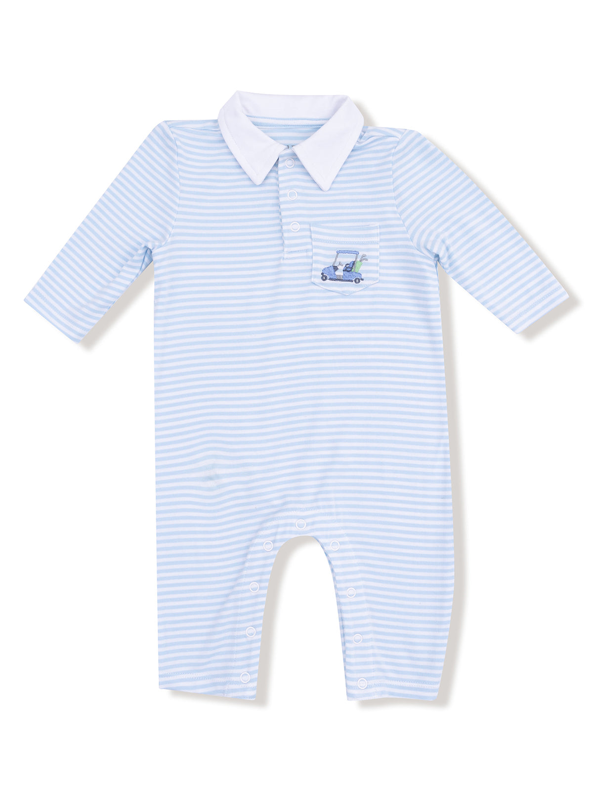 Light blue striped baby romper with a white collar and a pocket featuring a small car design.