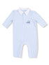 Light blue striped baby romper with a white collar and a pocket featuring a small car design.