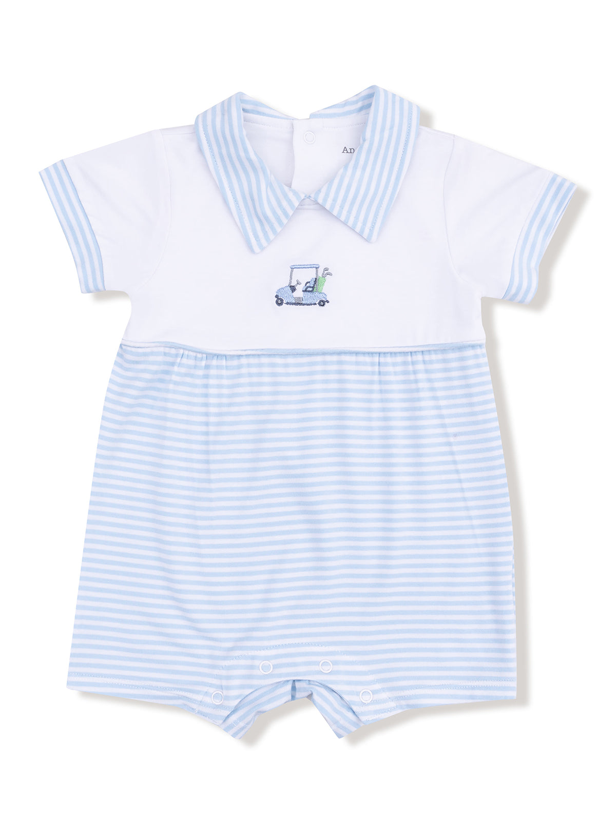 Blue and white striped baby romper with a golf cart embroidery on the front.