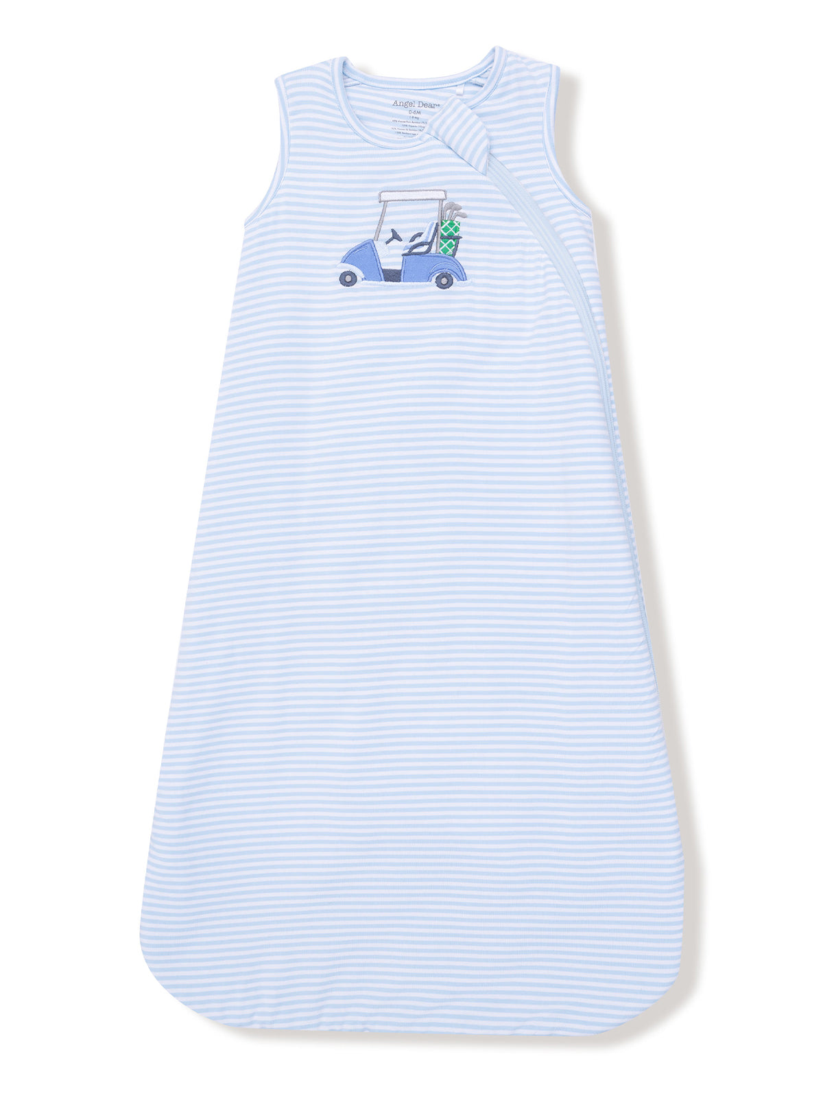 Light blue striped sleep sack featuring a golf cart graphic with a milk jug and pineapple. Ideal for infants.