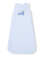 Light blue striped sleep sack featuring a golf cart graphic with a milk jug and pineapple. Ideal for infants.
