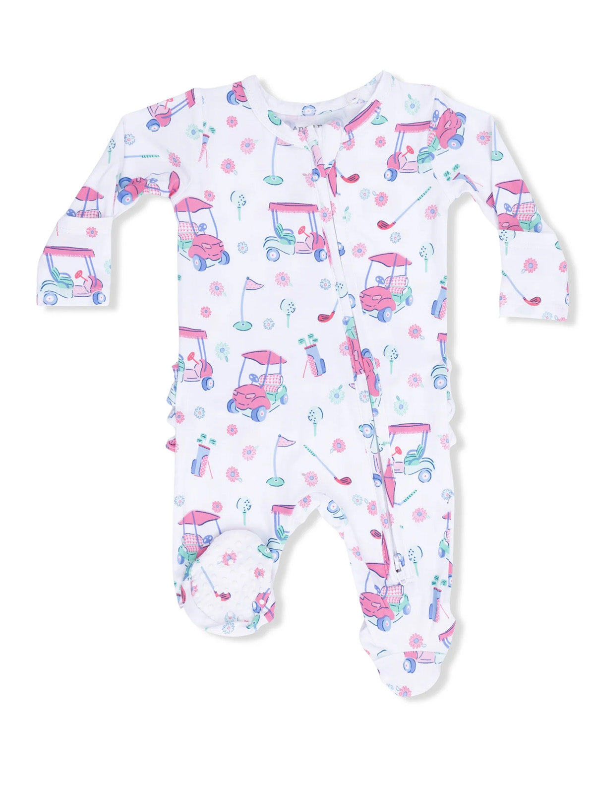 White baby onesie featuring colorful golf-themed illustrations and floral patterns. Perfect for playful outfits.