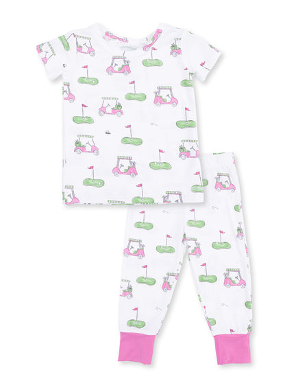 Kids' golf-themed pajamas featuring golf carts and greens in pink and green colors. Comfortable for sleepwear.