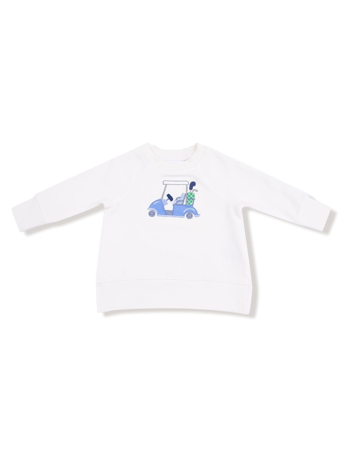 White sweatshirt featuring embroidered golf cart design with golf clubs. Perfect for casual outings or golf enthusiasts.