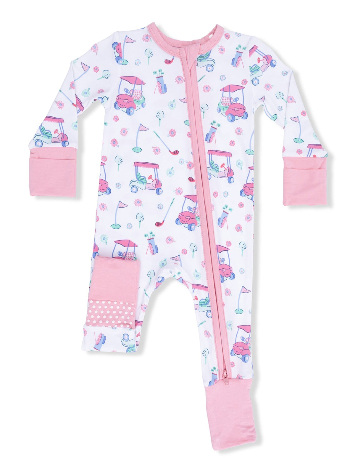 Pink golf-themed onesie with a zip closure, featuring fun patterns of golf carts, clubs, and flowers.