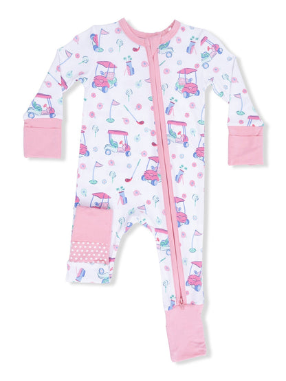 Pink golf-themed onesie with a zip closure, featuring fun patterns of golf carts, clubs, and flowers.
