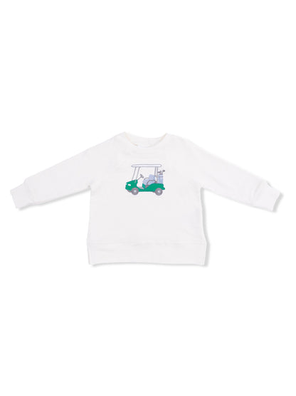 White sweatshirt featuring a playful golf cart graphic on the front. Casual and stylish for kids.
