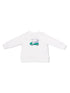 White sweatshirt featuring a playful golf cart graphic on the front. Casual and stylish for kids.