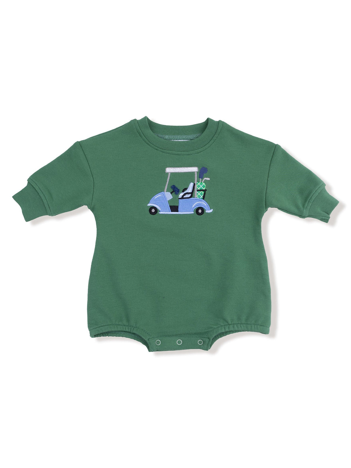Green infant onesie featuring a blue golf cart design. Perfect for golf-loving families.