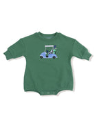 Green infant onesie featuring a blue golf cart design. Perfect for golf-loving families.
