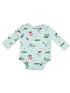 Light blue baby onesie with fun golf-themed prints featuring cute, animated golfing ice cream characters.
