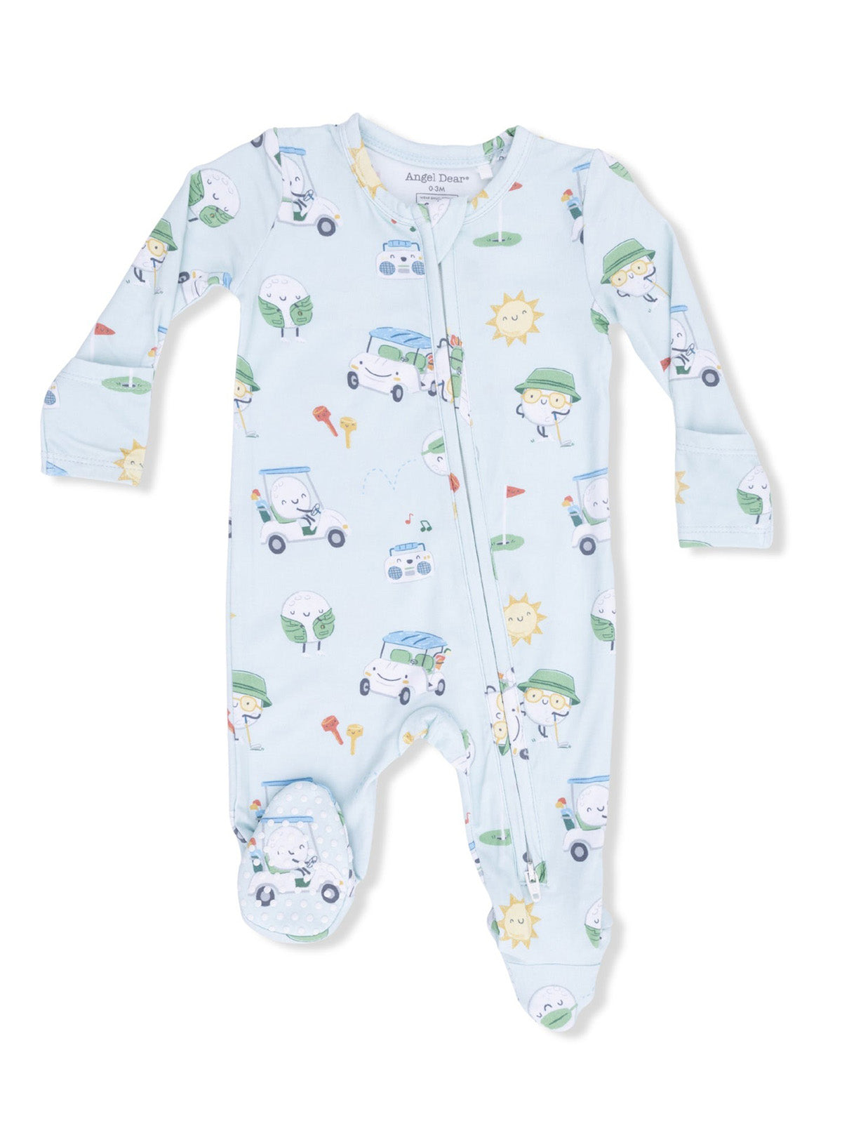 Light blue infant onesie featuring playful graphics of smiling clouds, cars, and suns in pastel colors.