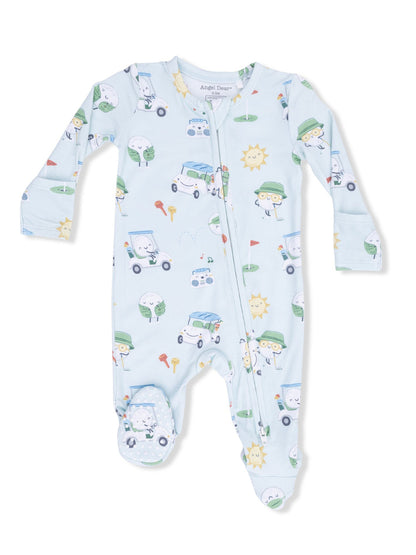 Light blue infant onesie featuring playful graphics of smiling clouds, cars, and suns in pastel colors.
