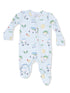 Light blue infant onesie featuring playful graphics of smiling clouds, cars, and suns in pastel colors.