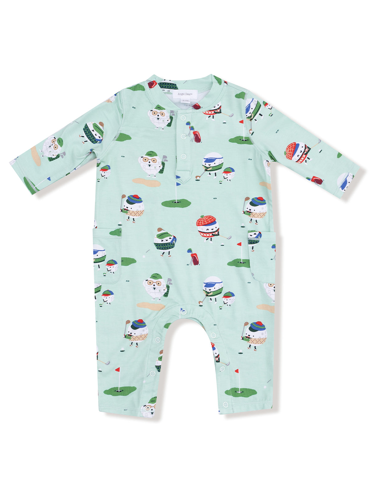 Light green jumpsuit featuring playful golf-themed cartoon characters in colorful hats and outfits.