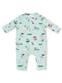 Light green jumpsuit featuring playful golf-themed cartoon characters in colorful hats and outfits.
