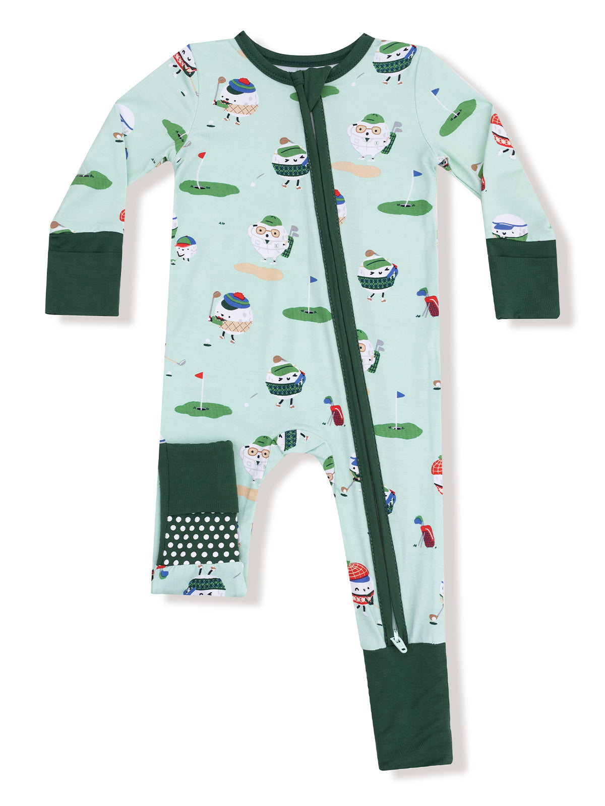 Light blue children's pajama with golf-themed patterns and green accents. Zipper front for easy wear.