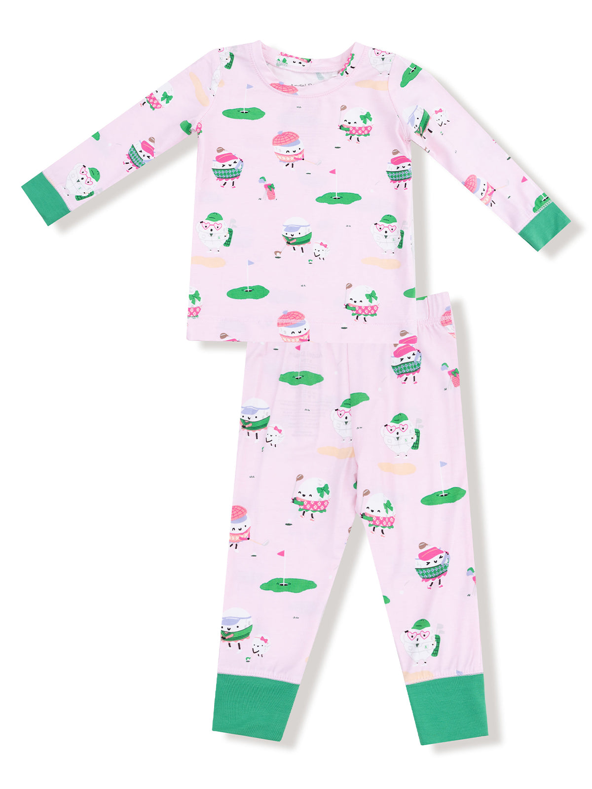 Pink children's pajamas with fun ice cream and golf patterns, featuring a long-sleeve top and matching pants.