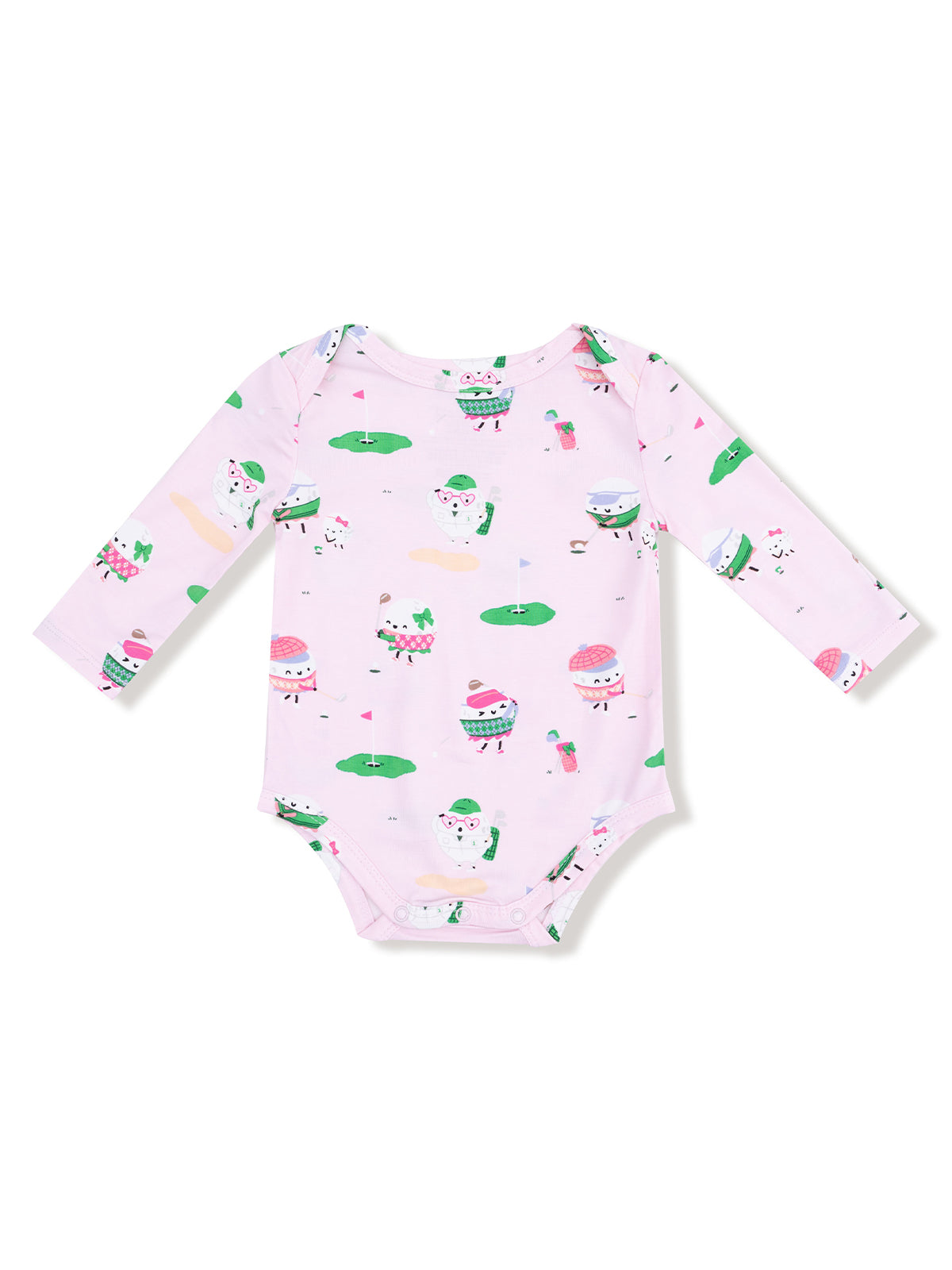 Pink long-sleeve onesie with cartoon ice cream and golf-themed patterns.