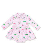 Light pink dress featuring playful ice cream and dessert patterns with long sleeves and a collar.