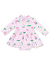 Light pink dress featuring playful ice cream and dessert patterns with long sleeves and a collar.