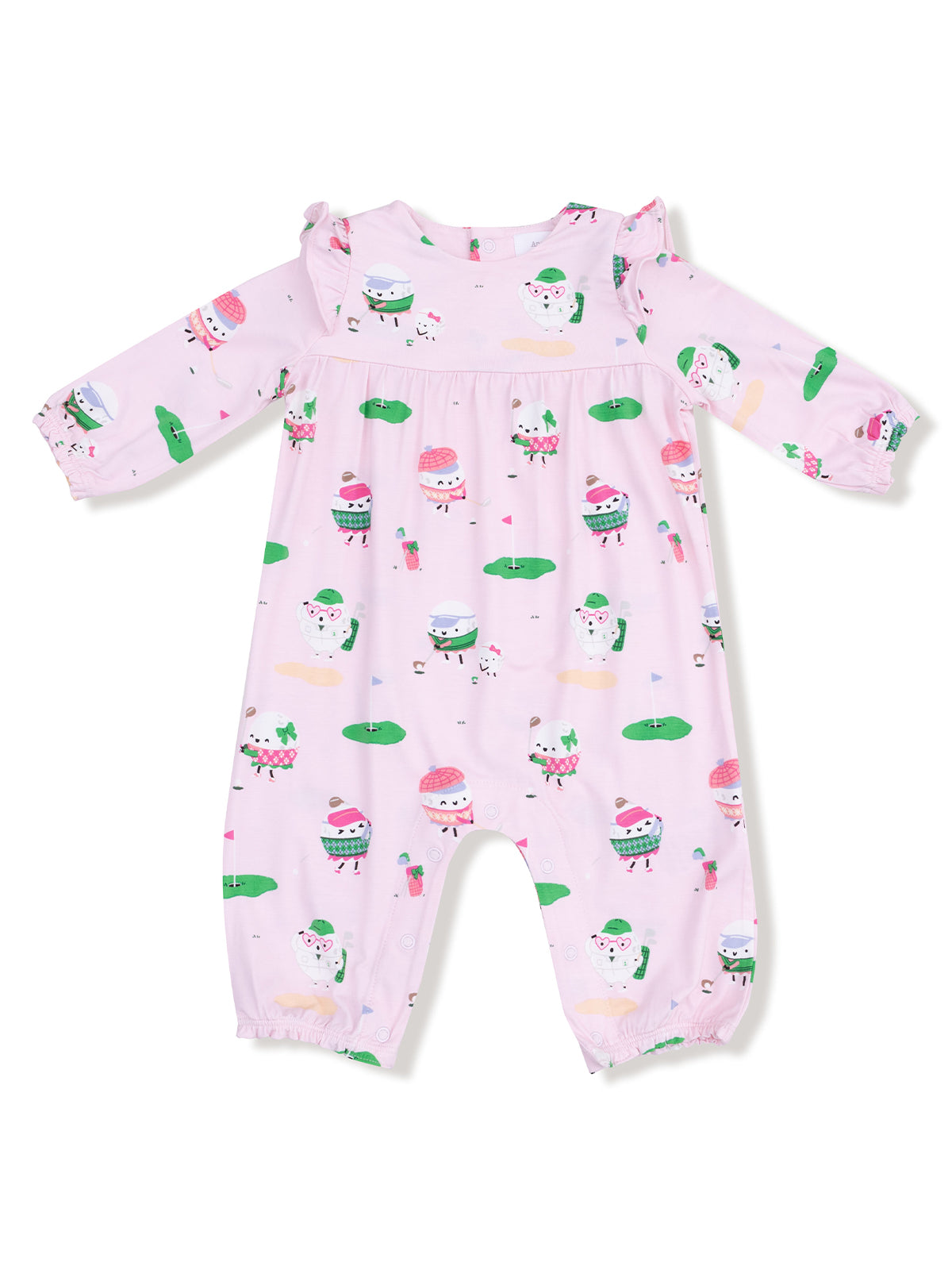Pink baby romper with playful ice cream and animal prints, featuring long sleeves and a ruffled neckline.