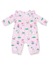 Pink baby romper with playful ice cream and animal prints, featuring long sleeves and a ruffled neckline.