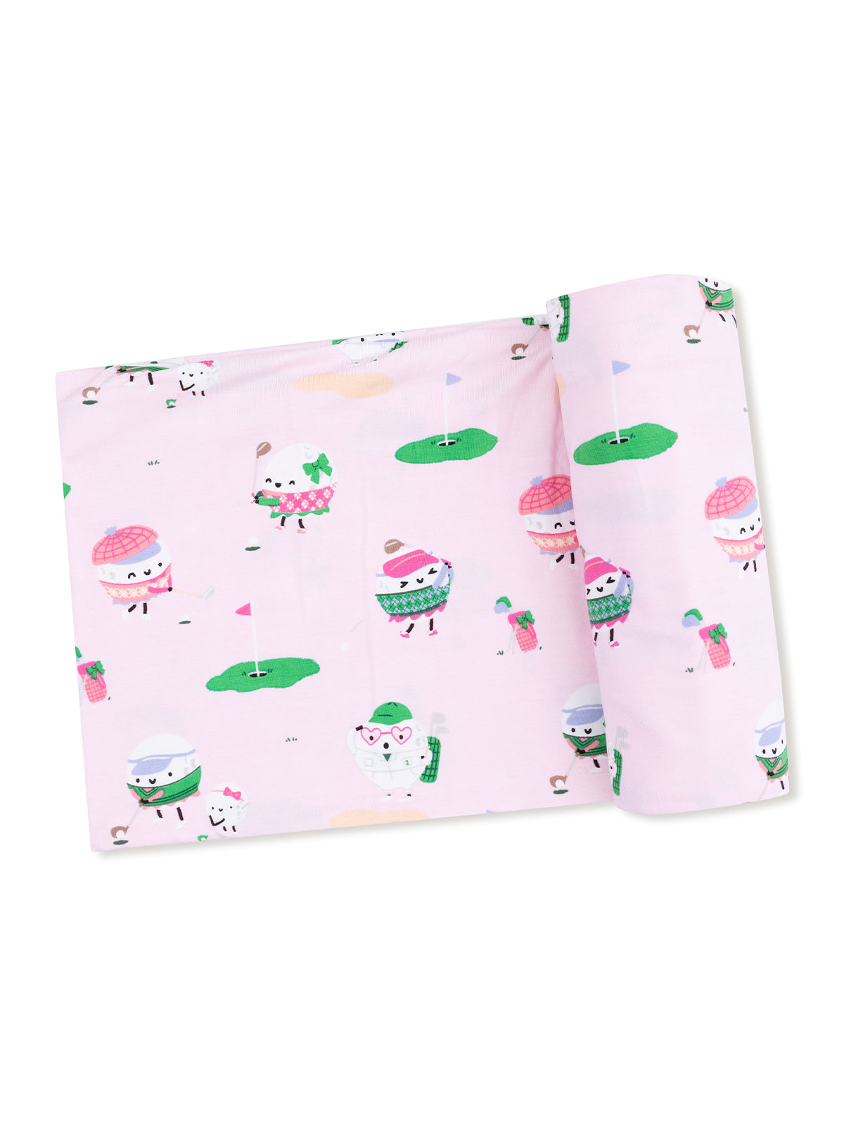 Pink fabric featuring playful golf-themed dessert characters on a pastel background.