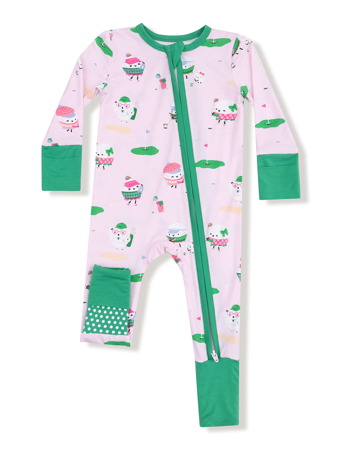 Pink onesie with fun ice cream and golf pattern, featuring a front zipper and green sleeves and feet.