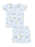 Light blue children's pajama set featuring playful cartoon characters, golf tees, and sun motifs.
