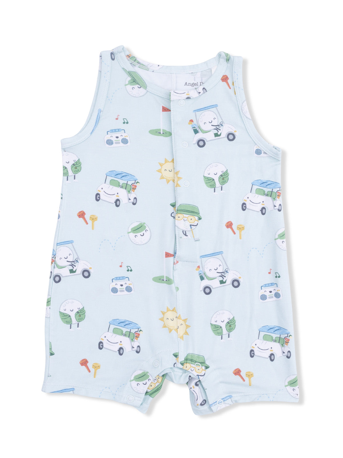 Light blue baby romper featuring playful golf-themed illustrations and colorful characters. Ideal for warm weather.