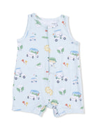 Light blue baby romper featuring playful golf-themed illustrations and colorful characters. Ideal for warm weather.